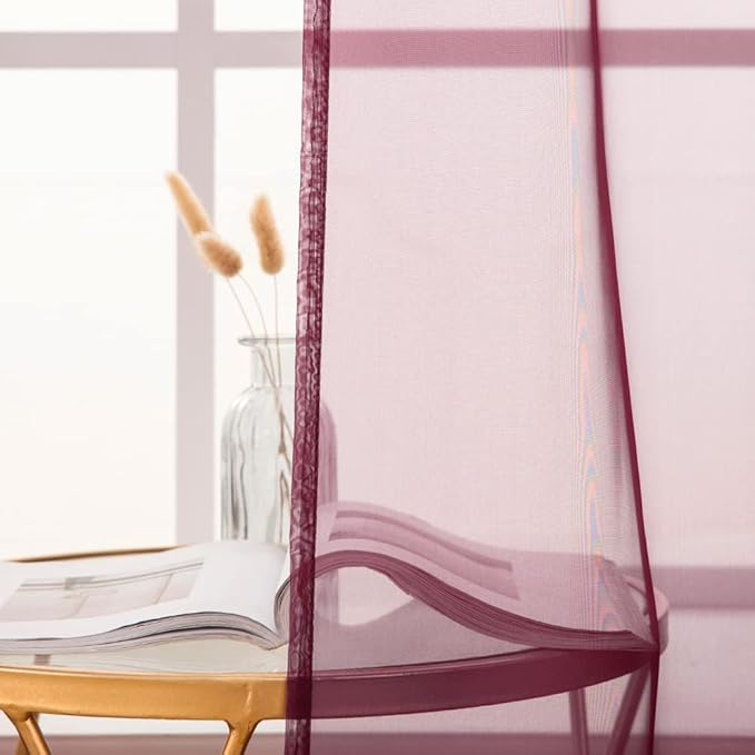 MIULEE Short Sheer Curtains 30 Inch Length for Kitchen Bathroom Cafe Half Window Treatment, Rod Pocket Tier Curtains 2 Panels, 29x30 Inches Long, Maroon Red