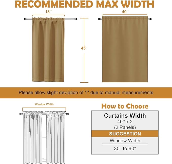 Aiyufeng Gold Short Blackout Curtains for Bedroom 45 Inches Long 2 Panels Set, Solid Thermal Insulated, Energy Saving Window Treatment Curtains Blackout Drapes, W40 x L45 Inch, Gold