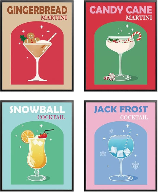 Wheatwin Retro Cocktail Christmas Wall Art Prints Set of 4, Funny Gingerbread Alcoho Wine Glass Print Cute Preppy Posters Aesthetic, Dorm Decor, Bar Party Kitchen Decor, 8x10 (Unframed)