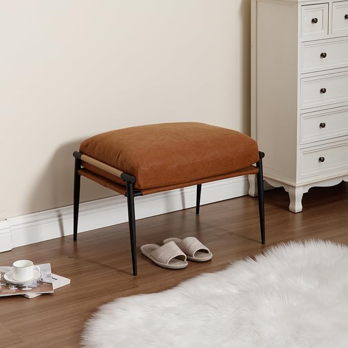 DUOMAY Cute PU Leather Single Footrest, Upholstered Footstool with Black Metal Legs Mid Century Modern Vanity Room Ottoman Shoe Stool for Living Room Bedroom Dressing Room, Brown