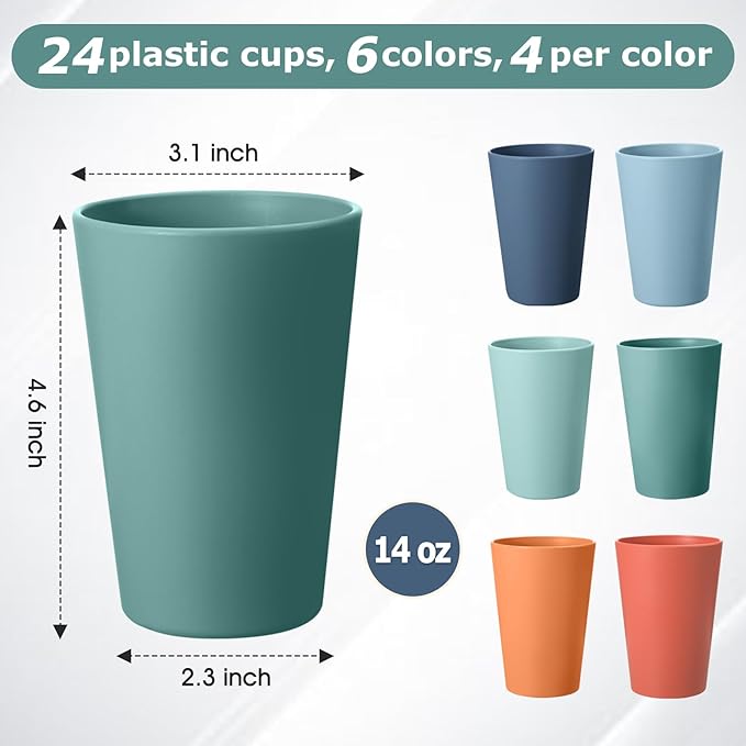 24 Pcs Unbreakable Plastic Cups Set, 14 oz Reusable Plastic Cups, Stackable Water Tumblers, Drinking Cup for Kitchen, Outdoor, BPA-free, Dishwasher Refrigerator and Microwave Safe (14 oz, 6 Colors)