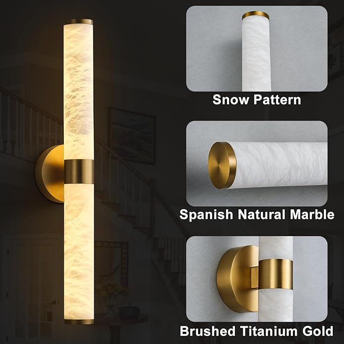 Alabaster Wall Sconce, 24" Natural Spanish Marble Wall Sconce, Modern Gold Alabaster Sconces Wall Lighting, Brass Bathroom Vanity Sconces Wall Lights for Living Room, Bedroom, Hallway, Stairs
