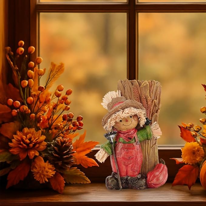 Handcrafted Thanksgiving Scarecrow Figurines, Fall Harvest Tabletop Decorations with Candle Holder, Autumn Resin Decor for Home, Porch, or Garden (Boy)