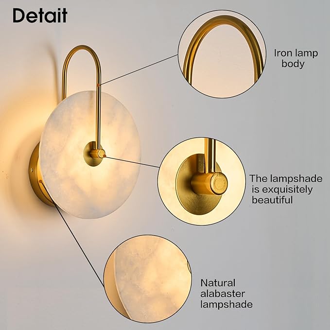 Round Alabaster Wall Sconce Set of Two, Natural Marble Lampshade Wall Sconce, Hardwired Circular Sconce LED Modern Wall Lamp for Bedroom, Stairs, Living Room, Bedside, Hallway