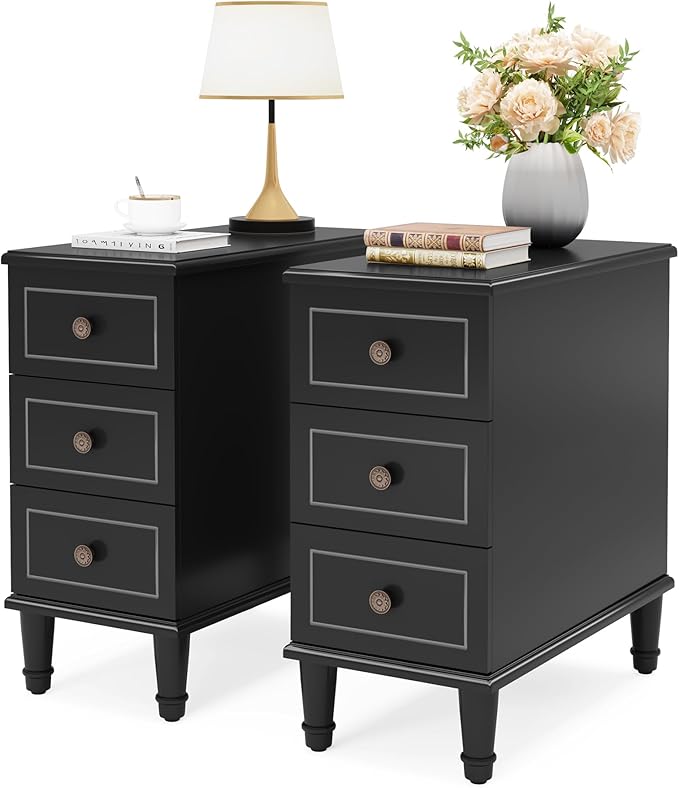 Tribesigns Solid Wood End Table Set of 2, Fully Assembled Narrow Side Table with Drawers, Pre-Assembled Nightstand Slim Bedside Table for Small Spaces, Living Room, Bedroom, Black