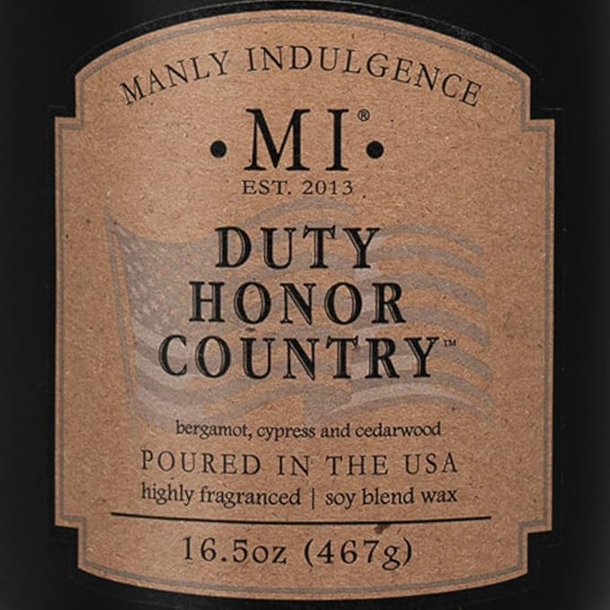 Manly Indulgence Duty Honor Country Scented Jar Candle, 2 Wick, 16.5 oz Premium Soy Blend Wax, 60H Burn, Candles for Home Scented - Made in The USA