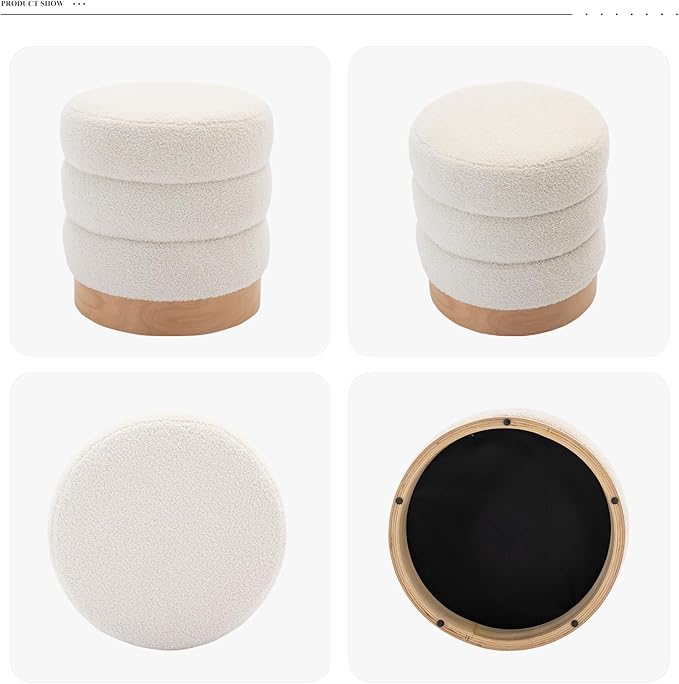COLAMY Sherpa Ottoman Footstool, Tufted Modern Foot Rest Stool with Wood Base for Living Room, Bedroom, Desk, Round Versatile Side End Table, Pouf, Makeup Seat, Cream