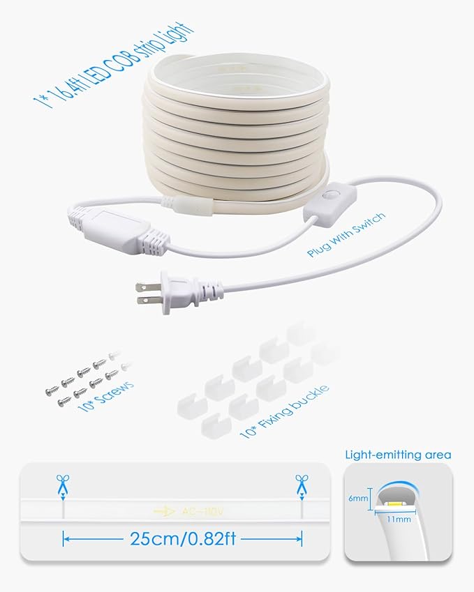 Blue COB LED Strip Lights 120V 16.4FT Led Rope Lights Outdoor Waterproof with Switch Plug in 288Leds/M High Density AC110V-120V LED Tape Lights for Bedroom Backyards Holiday Decor 5M