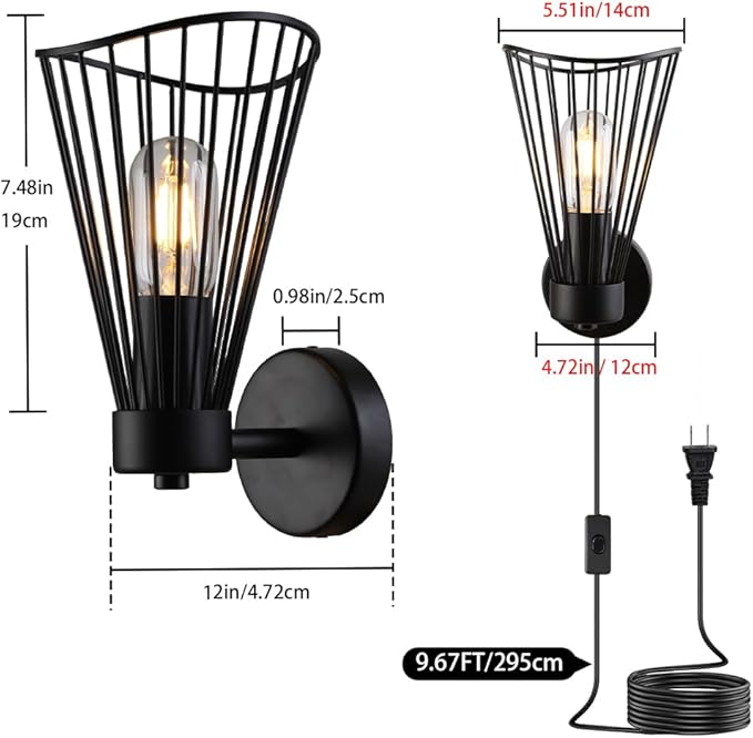 Plug in Wall Sconce Indoor, Industrial Wall Sconces, Farmhouse Wall Lamp with Plug in Cord, Vintage Black Wall Lights with On/Off Switch, Metal Wall Light Fixture for Living Room Bedroom Rustic, E26