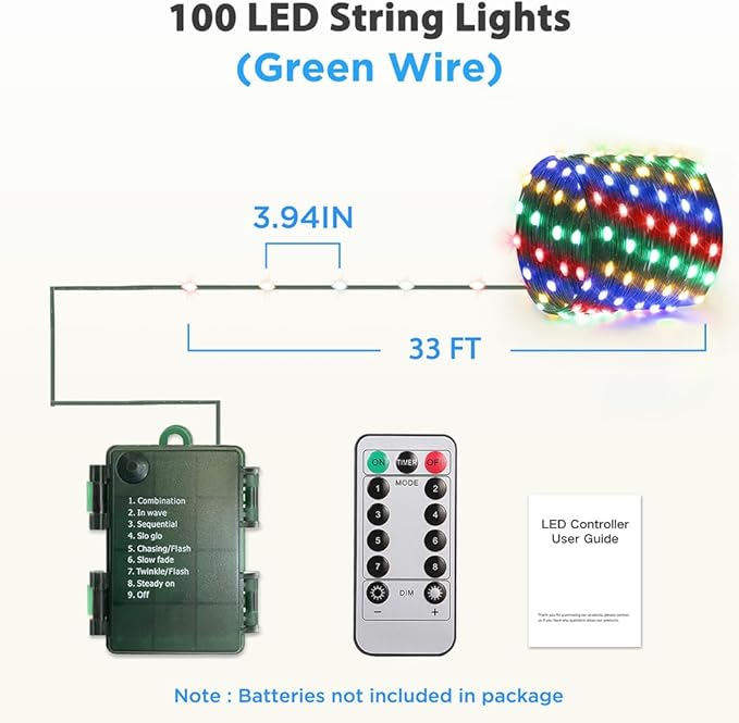 33ft Battery Operated String Lights (2 Pack), 100 LED Fairy String Lights Battery Powered w/Remote & Timer for Indoor Outdoor Christmas Trees Wreath Decoration Bedroom Patio - Multicolor