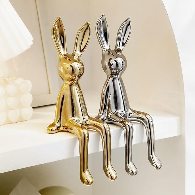 3-Piece Rabbit Decor Sculptures - Home, Office, Living Room, Bedroom - Accents, Decorations, Figurines - Small Statues for Bookshelf, Desk - Ideal Gifts (Gold, Silver, White)