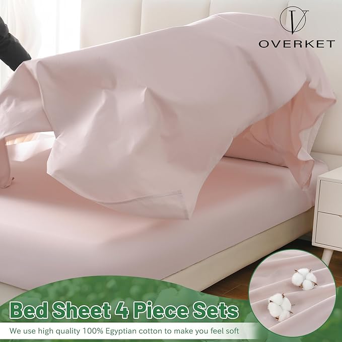 100% Egyptian Cotton Sheets King Size 4PCS 1000 Thread Count Sateen Weave Soft Breathable 16-Inch Deep Pocket (King,Light Pink)