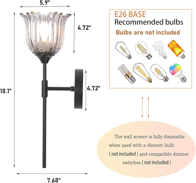 Vintage Wall Sconce Set of 2 with Smoke Gray Glass Shades Mid Century Bathroom Vanity Wall Light Fixtures Industrial Matte Black Wall Lamp for Bedroom Mirror Living Room Restaurant