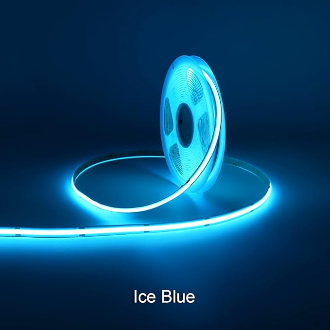 8mm Wide Ice Blue COB LED Strip Light DC 12V Flexible 480LEDs/m 16.4FT/5M CRI>90 Ribbon LED Lights for Bar Party Car House Bedroom Nightclub Decor (DC12V, Without Power Supply)