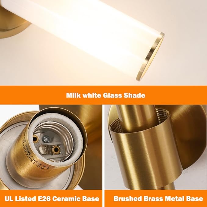 Gold Bathroom Wall Sconces Set of 2, Brass Wall Sconce with Mikly White Glass Shade, Modern Sconces Wall Lighting, Vanity Light Fixtures, Wall Lights for Mirror Living Room Bedroom Hallway Stairs