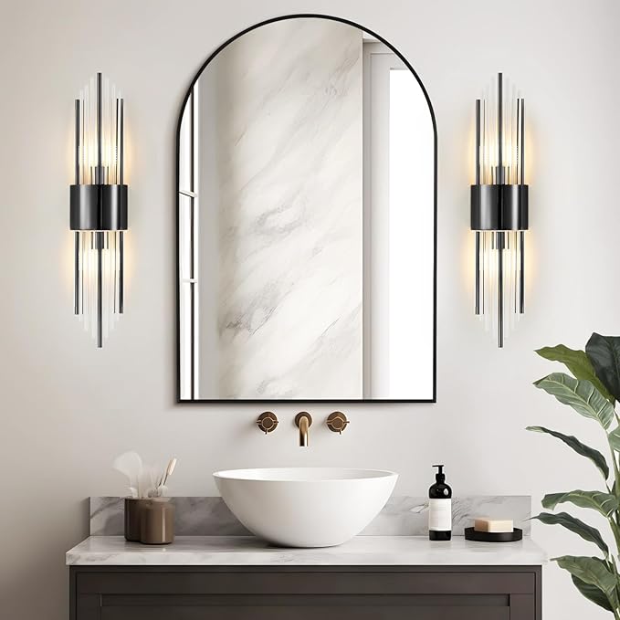 Wall sconces Set of Two, Black sconces Wall Set of 2, Black Vanity Wall Lights, Wall Lights for Living Room, Dresser Wall Sconce, with Clear Crystal, for Living Room, Bedroom, Bathroom
