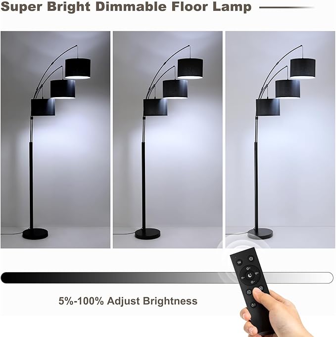 Floor lamp with Remote, 3 Light Arc Floor Lamps for Living Room, 2400LM Tall Standing Floor Lamps with Black Shades, 80" Large Floor Lamp for Bedroom, Office
