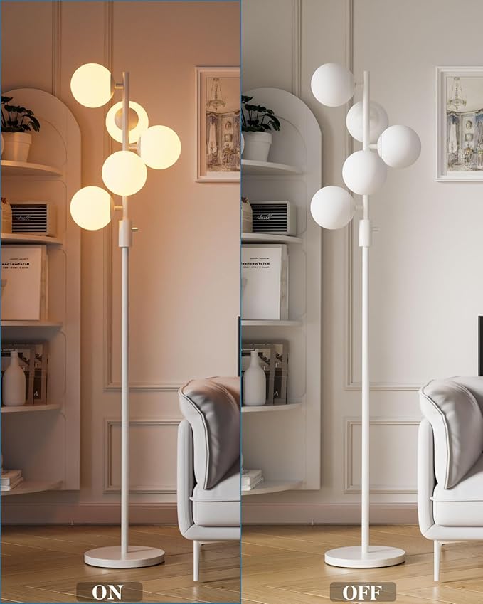 64IN Dimmable White Floor Lamp, Tall Standing Lamps with 5 Globe Soft Warm White Eye Care 3000K G9 Bulbs, Mid Century Modern Floor Lamp for Living Room Bedroom Office