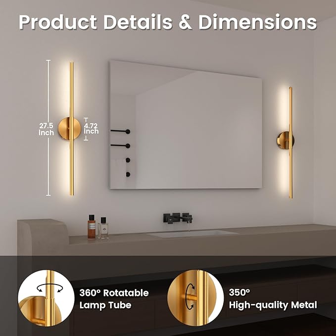 Battery Operated Wall Sconces Set of 2, 360°Rotation Wireless Rechargeable Wall Lights: Dimmable Detachable Wall Lamp with Remote Control, 3000K-6000K Infinite Dimming Wall Sconce 27.6 Inch