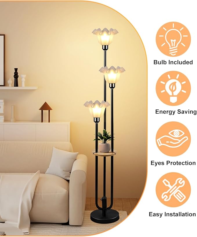 Lightdot Flower Floor Lamp for Living Room, Dimmable Vintage Floor Lamp with Shelf &3 LED Bulbs, 3 Light 3000K Soft Warmwhite Mid Century Black Standing Lamp, Floral Tall Lamp for Bedroom Office