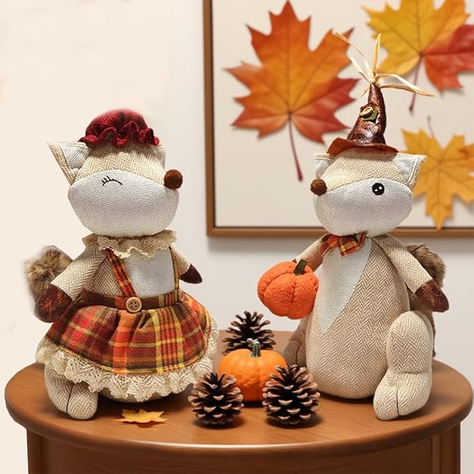 Fall Mantel Decor Thanksgiving Decoration Plushed Fox, 14" Sitting Fox, Table Foxes Animals Figurines, Couple Doll,Handmade Ornaments Autumn Fall Decorations for Home Mantel Fireplace (1set 2pcs)