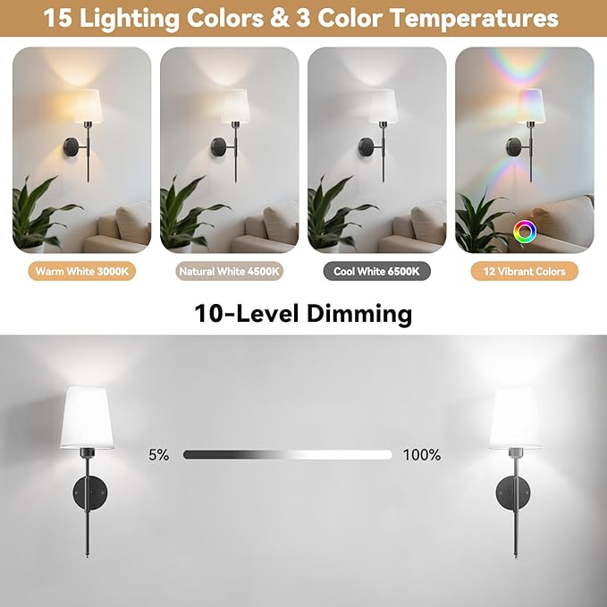 20 inch Battery Operated Wall Sconces Set of 2, Wireless Wall Lights with Rechargeable Bulbs & Remote, 15 Colors & Dimmable, Battery Powered Wall Lights for Bedroom, Living Room, Hallway, Black