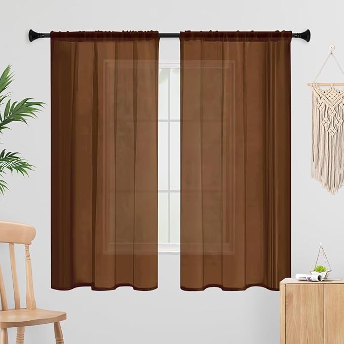 Sheer Curtains 72 Inches Long 2 Panels, Rod Pocket Short Curtain for Kitchen, Bedroom, Cafe Window(Brown 38" W x 72" L)