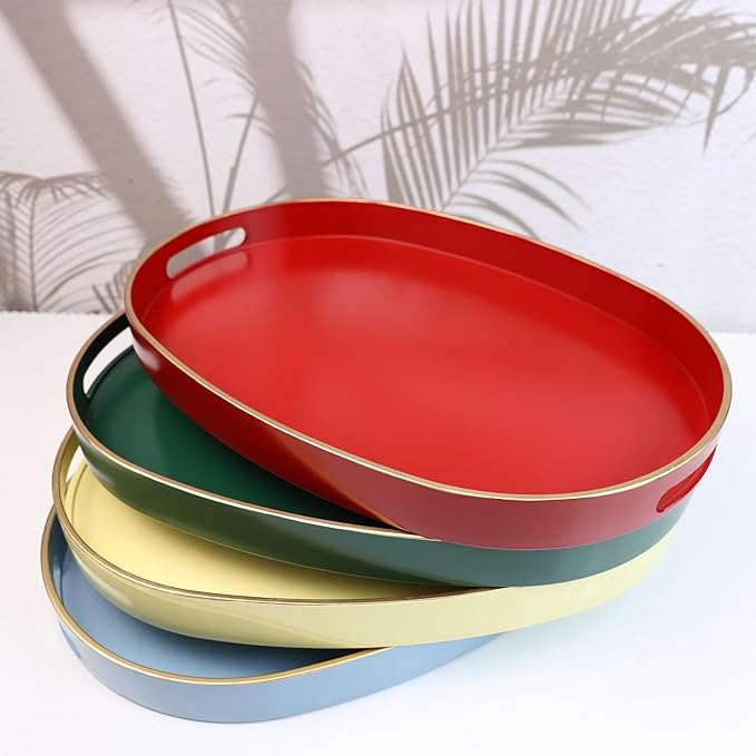 Spsyrine Yellow Plastic Serving Tray for Ottoman, Coffee Table, Oval Decorative Tray for Entertaining, Outdoor, Living Room, Home Decor