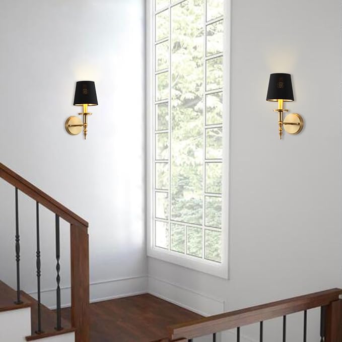 Modern Wall Sconce Industrial Mid Century Bathroom Vanity Wall Light Brushed Brass Finished Frame and Black Linen Shade Wall Mount Lights for Living Room Bedroom Stairs Corridor Mirror