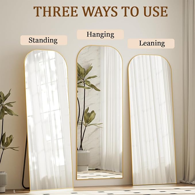 Koonmi Full Length Mirror, 56"x21" Mirror Full Length with Stand, Gold Domed Top Square-Edged Floor Mirror with Aluminum Alloy Frame for Bedroom Living Room