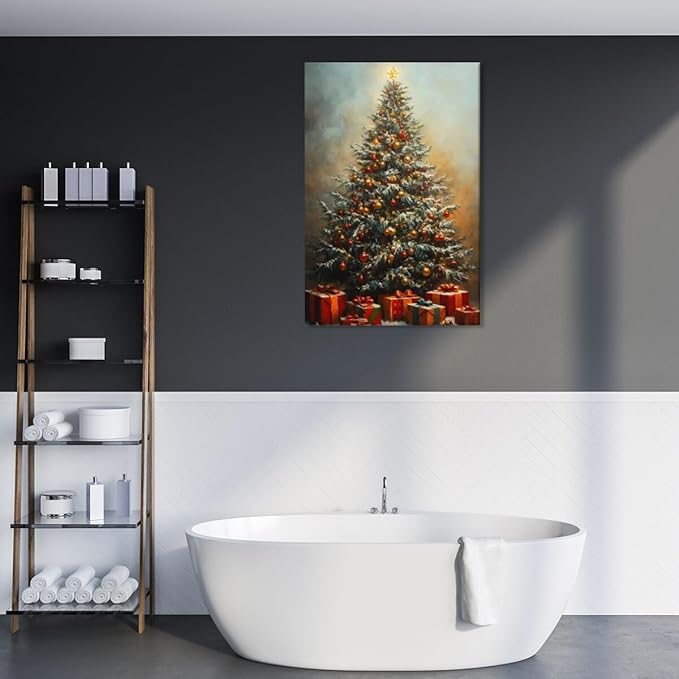 Vintage christmas wall art winter pine tree canvas poster xmas tree gift prints painting festive mood background wall decoration for living room bedroom Framed8x12inch