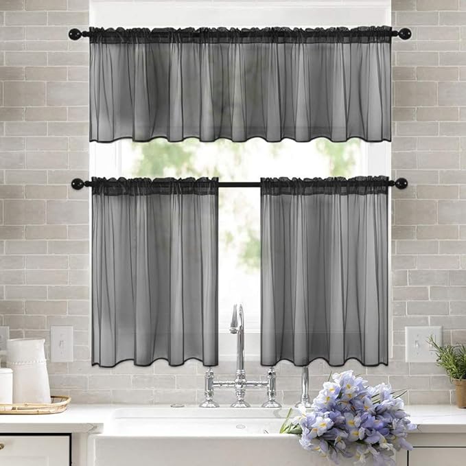 MIULEE 2 Panels Kitchen Tiers Half Window Sheer Halloween Curtains-Rod Pocket Voile Drapes for Kitchen Bathroom-Small Windows 29 by 24 Inch Black