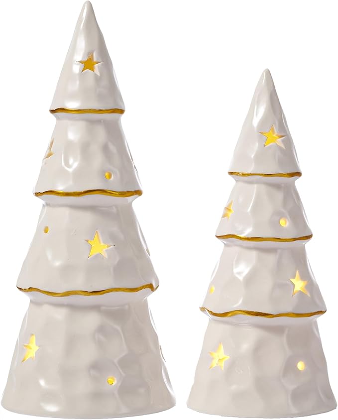 DN DECONATION White Christmas Ceramic Tree with Lights, Prelit Porcelain Tabletop Xmas Trees, 2Pcs Battery-Operated Christmas Tree Figurines for Christmas Mantel Desk Table Centerpieces Decor