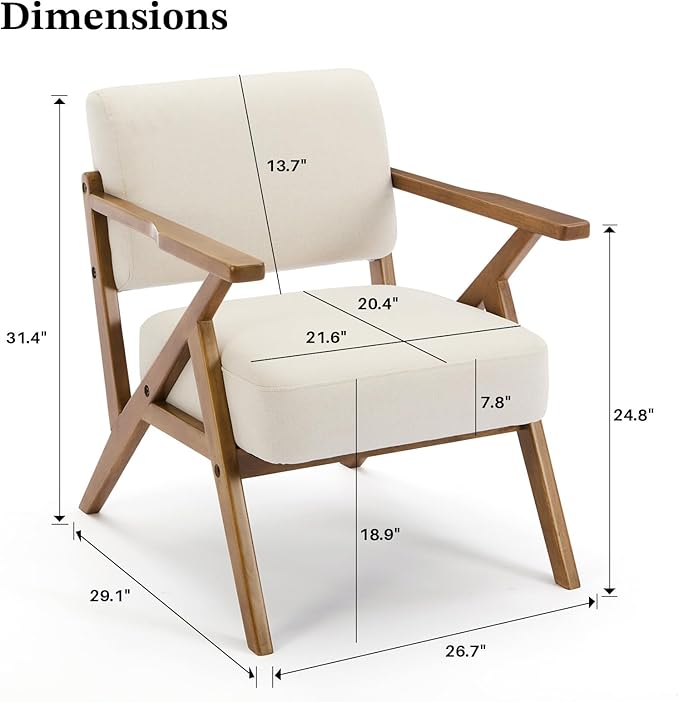 Mid Century Modern Chair Beige Accent Chair Upholstered Armchair with Solid Wood Frame Comfy Reading Nook Chair Lounge Chairs for Living Room Bedroom, Linen