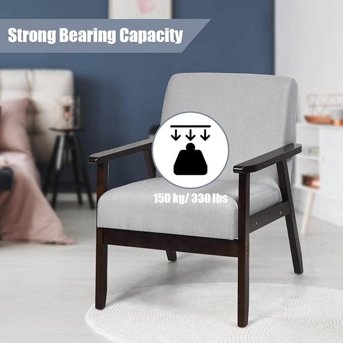 Giantex Mid-Century Modern Accent Chair, Retro Fabric Armchair, Solid Hardwood Made, Upholstered Linen Lounge Arm Chair for Living Room (1, Light Grey)