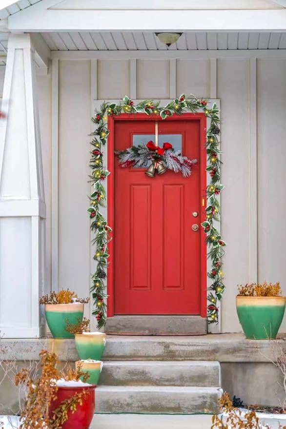 6ft 20 LED Christmas Garland with Holly Pines,Battery Operated Garland with Timer, Red Berry Garland with Lights for Indoor Mantle Fireplace Stair Home Holiday Decoration