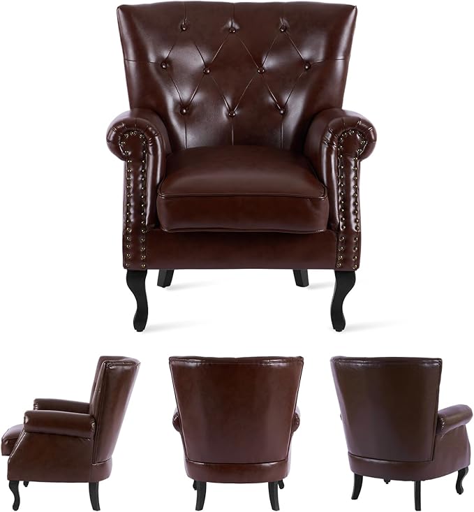 MOJAY PU Leather Accent Chair Set of 2, Mid-Century Modern Armchair Living Room Club Chair with Tufted Button & Rivet Trim, Upholstered Sofa Chair with Sturdy Wood Legs for Bedroom (Reddish Brown)