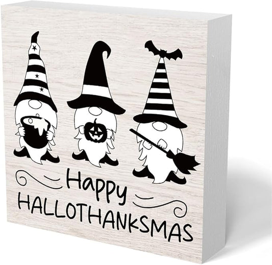 Vintage Gnome Wooden Box Sign Funny Desk Decor Halloween Decorations Witchcraft Supplies for Home Farmhouse Table Tiered Tray Wall Rustic Plaque Block Sign Decorative Thanksgiving Fall Christmas Decor