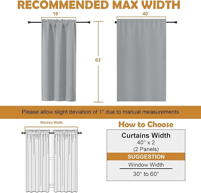 Aiyufeng Silver Grey Blackout Curtains for Bedroom 63 Inch Length 2 Panels, Solid Thermal Insulated Energy Saving Rod Pocket Window Treatment Curtains Blackout Drapes, W40 x L63 Inch, Silver