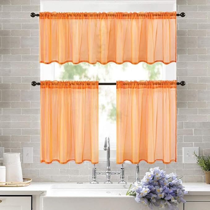 MIULEE Short Sheer Curtains 30 Inch Length for Kitchen Bathroom Cafe Half Window Treatment, Rod Pocket Tier Fall Curtains 2 Panels, 29x30 Inches Long, Orange