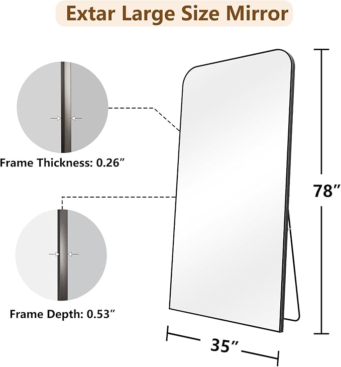 Koonmi Full Length Mirror, 78"x35" Mirror Full Length with Stand, Black Domed Top Square-Edged Floor Mirror with Aluminum Alloy Frame for Bedroom Living Room