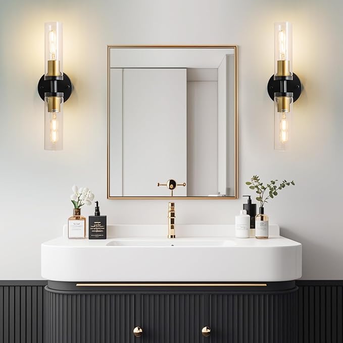 KSRYSZCQ Wall Sconces Set of 2 Black and Gold Bathroom Sconce Modern Vanity Light Fixture with Clear Glass Sconces Wall Decor Set of 2 for Living Room Mirror Bedroom Hallway Stair