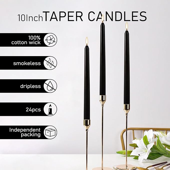 24-Pack Black Dripless Taper Candles -10 inch Tall- Cotton Wick, 7.5 Hour Clean Burning,Smokeless,Suitable for Home Decoration, Weddings, Religious Ceremonies, Holidays, Parties and Halloween.