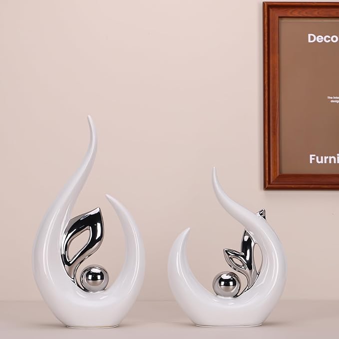 13" H White Silver Abstract Sculptures Home Decor, Ceramic Art Statue Cool Stuff to Put on Shelves&tv Stand Decor, Silver Accent Entertainment Center, for Fireplace Coffee Table Dining Table Decorate