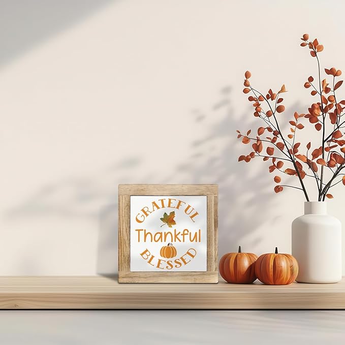 Pumpkin Decors, Grateful Thankful Blessed Signs, Thanksgiving Decors Art, Autumn Home Office Decor, Farmhouse Table Shelf Decoration, Box Sign Wood Desk Sign Decor 5.9X5.9X0.7inches