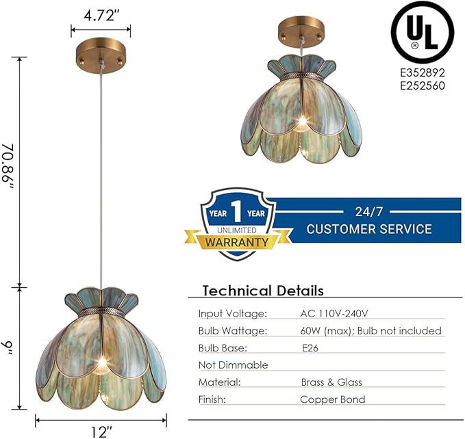 Flower Glass Pendant Light Vintage Kitchen Hanging Lamp Lotus Ceiling Lighting Fixture for Kitchen Island Dining Room Living Room Entryway Balcony etc.UL Listed Mixing Blue Green