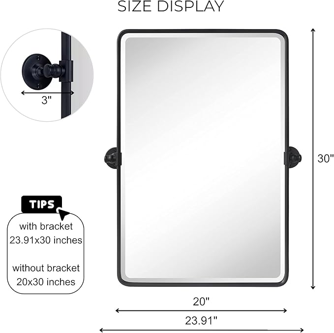 Farmhouse Pivot Rectangle Bathroom Mirror Black Metal Framed Tilting Beveled Vanity Mirrors for Wall, Overall 23.91 x 30 inches (Mirrror 20 x 30 inches)