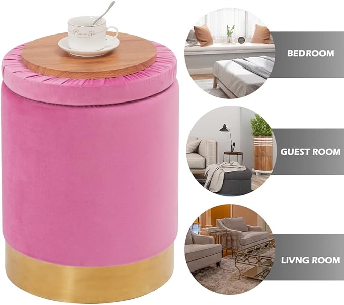 Mxfurhawa Velvet Storage Ottoman Multipurpose Footrest Stool with Metal Base Modern Round Vanity Stool Chair Ottoman Foot Stools Support 300 lbs Padded Seat for Living Room (Rose Pink)