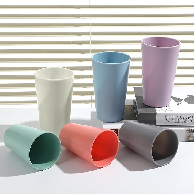 24 Pcs Unbreakable Plastic Cups Set, 14 oz Reusable Plastic Cups, Stackable Water Tumblers, Drinking Cup for Kitchen, Outdoor, BPA-free, Dishwasher Refrigerator and Microwave Safe (14 oz, 6 Colors)