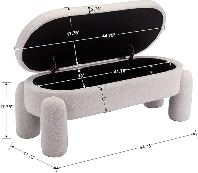 DUOMAY Sherpa Storage Ottoman Bench, Upholstered Fabric Storage Bench End of Bed Stool for Bedroom Living Room Entryway, 44.75" Width, White